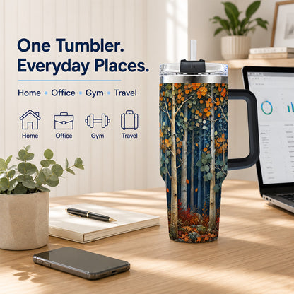 #pl[40oz|Black] Painterly Birch Grove 40oz Tumbler with Handle, Autumn Travel Cup