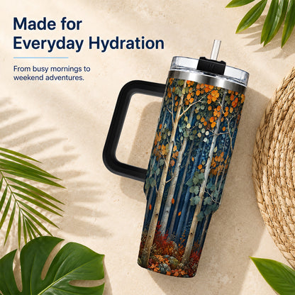 #pl[40oz|Black] Painterly Birch Grove 40oz Tumbler with Handle, Autumn Travel Cup