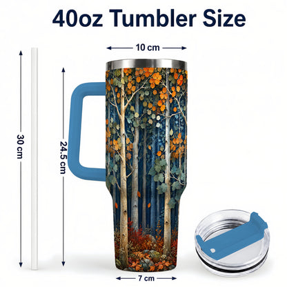 #pl[40oz|Blue] Painterly Birch Grove 40oz Tumbler with Handle, Autumn Travel Cup
