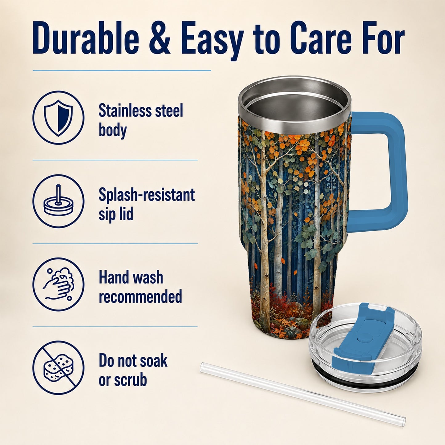 #pl[40oz|Blue] Painterly Birch Grove 40oz Tumbler with Handle, Autumn Travel Cup