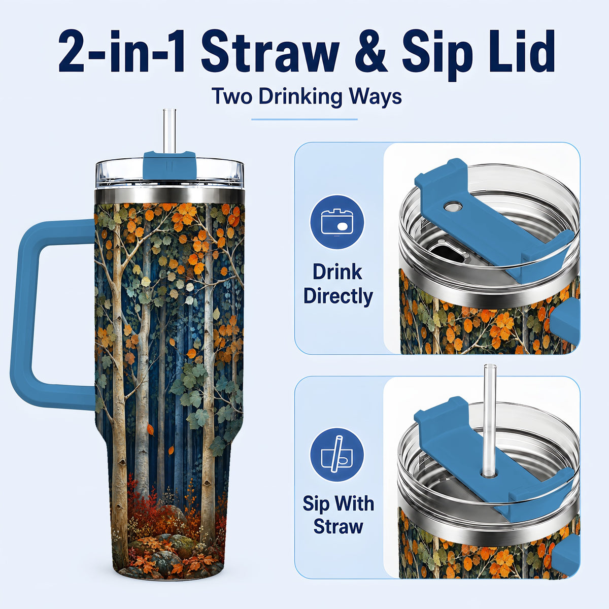 #pl[40oz|Blue] Painterly Birch Grove 40oz Tumbler with Handle, Autumn Travel Cup