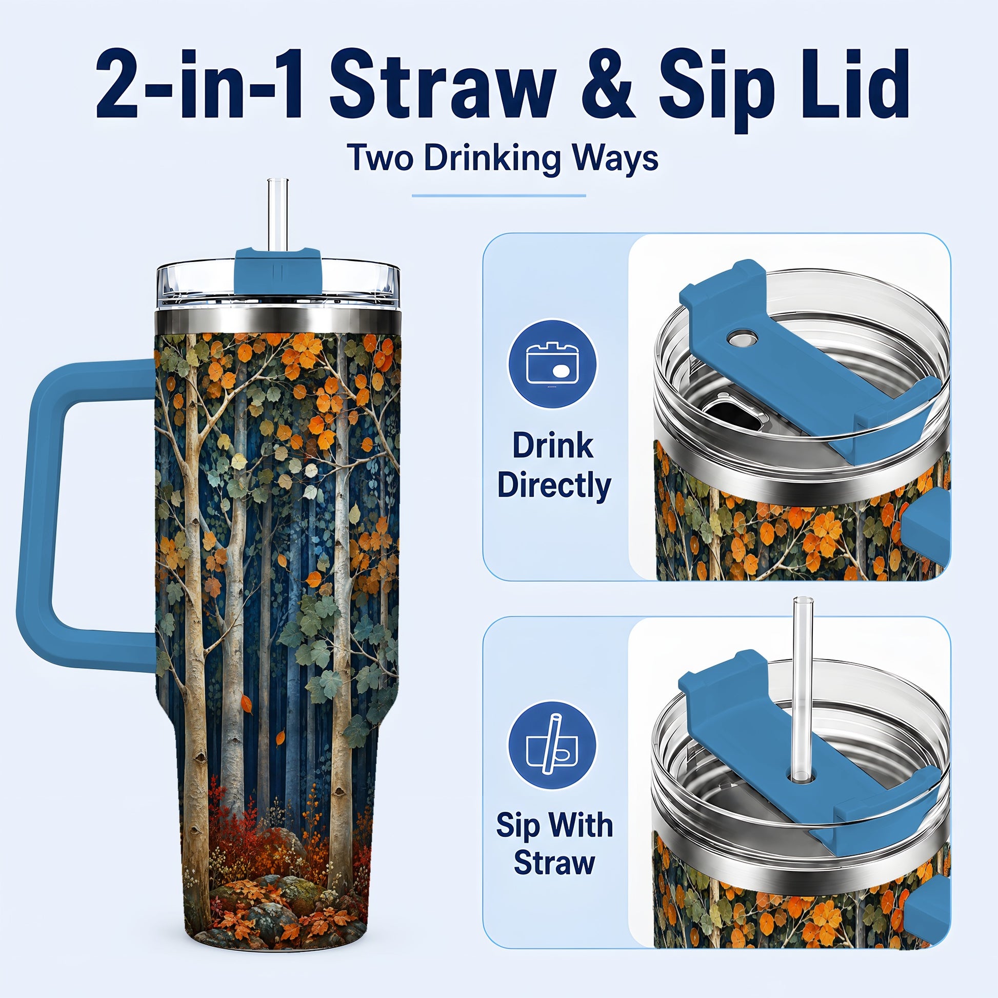 #pl[40oz|Blue] Painterly Birch Grove 40oz Tumbler with Handle, Autumn Travel Cup
