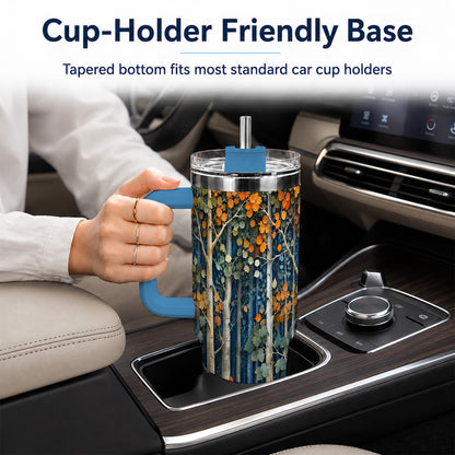 #pl[40oz|Blue] Painterly Birch Grove 40oz Tumbler with Handle, Autumn Travel Cup