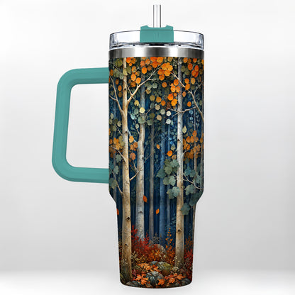 #pl[40oz|Green] Painterly Birch Grove 40oz Tumbler with Handle, Autumn Travel Cup