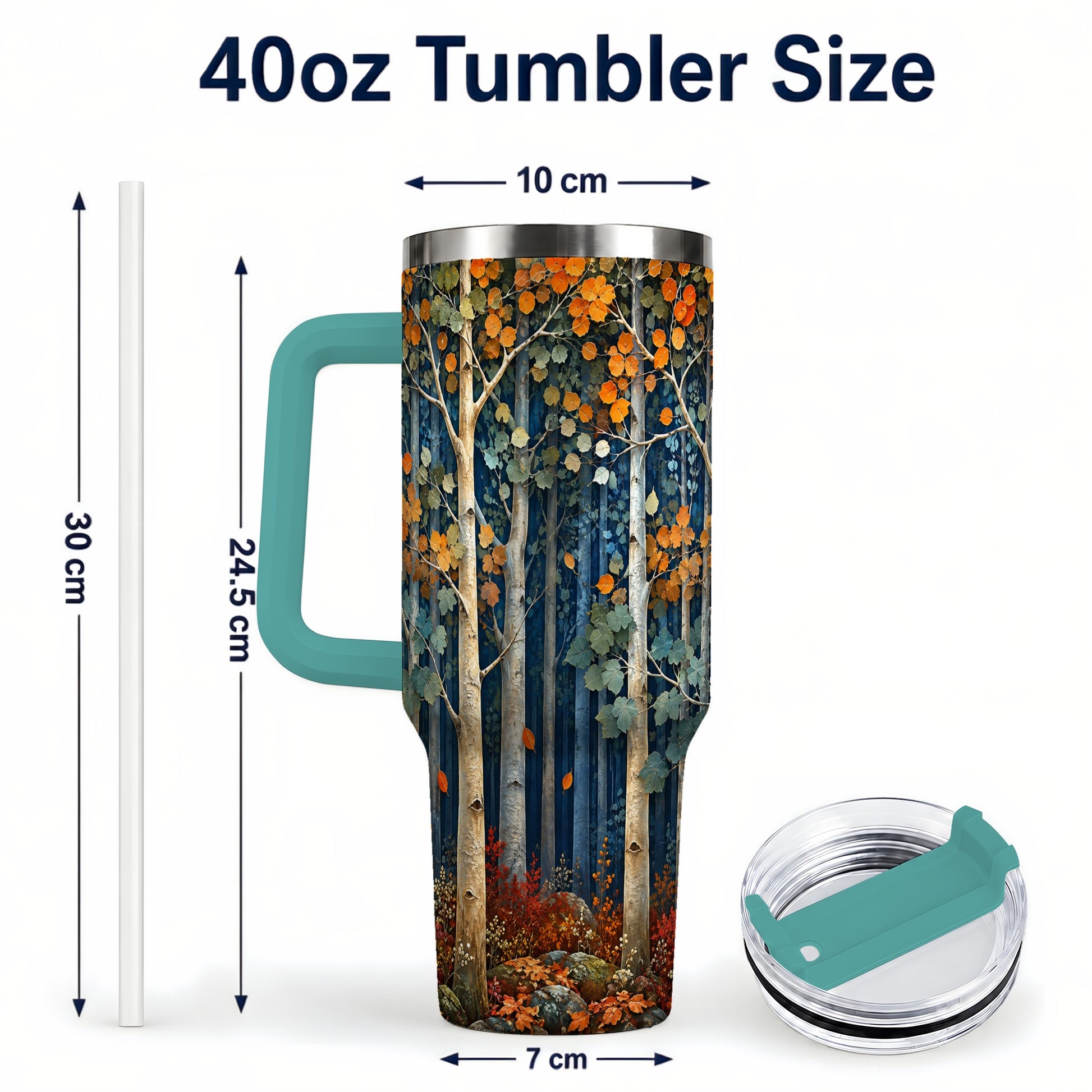 #pl[40oz|Green] Painterly Birch Grove 40oz Tumbler with Handle, Autumn Travel Cup