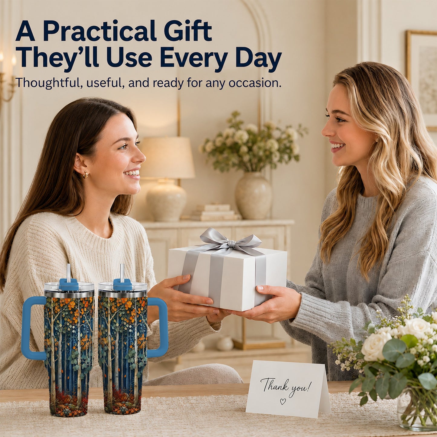#pl[40oz|Blue] Painterly Birch Grove 40oz Tumbler with Handle, Autumn Travel Cup
