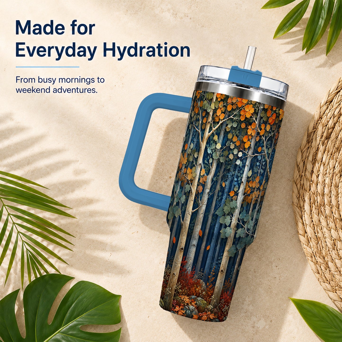 #pl[40oz|Blue] Painterly Birch Grove 40oz Tumbler with Handle, Autumn Travel Cup