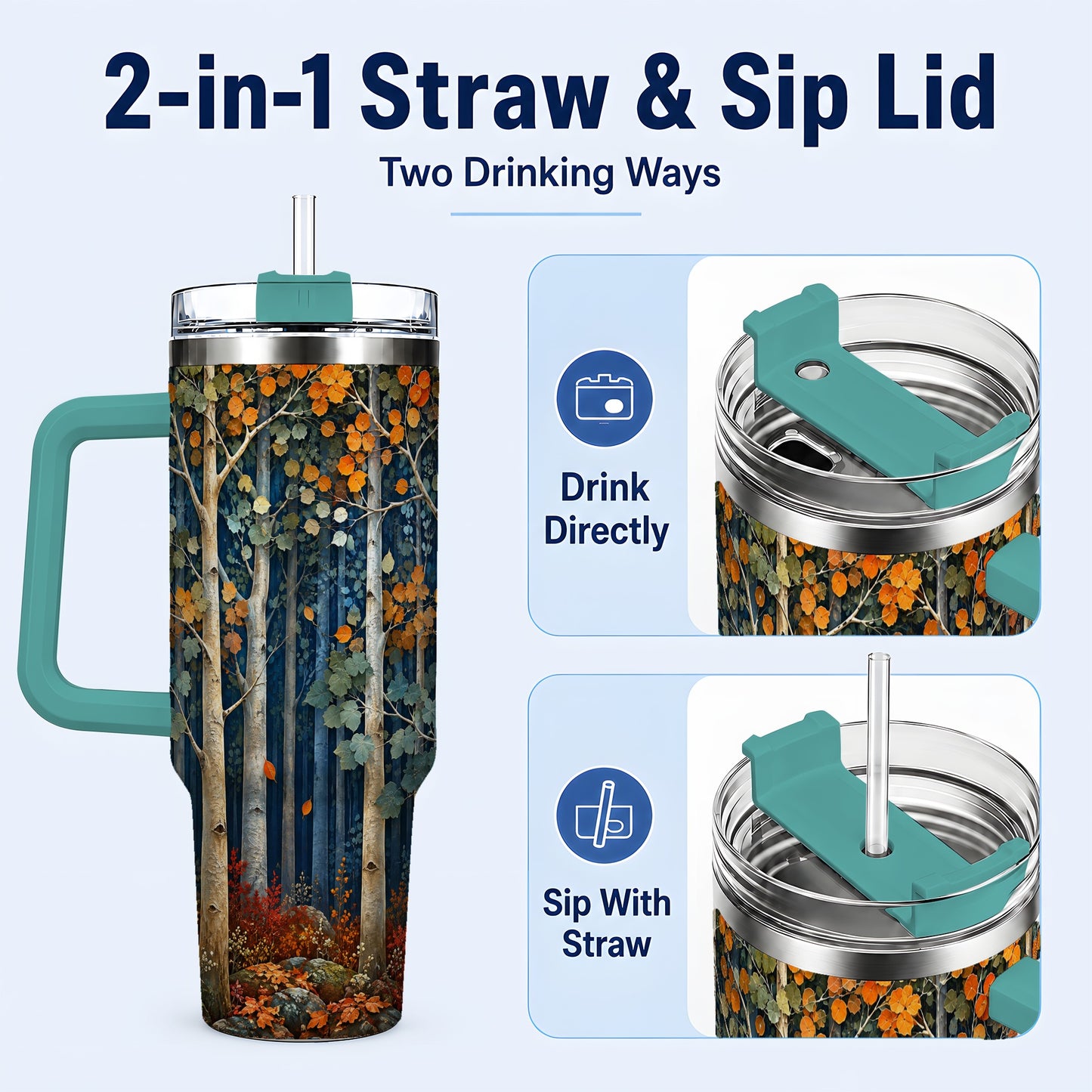 #pl[40oz|Green] Painterly Birch Grove 40oz Tumbler with Handle, Autumn Travel Cup