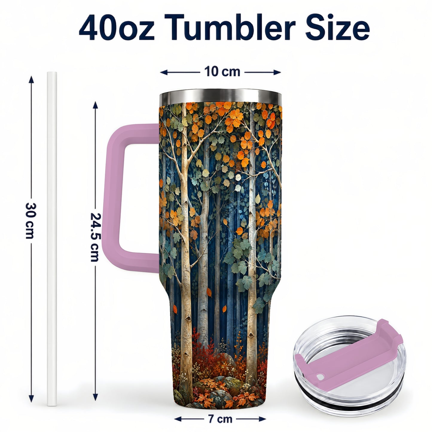 #pl[40oz|Pink] Painterly Birch Grove 40oz Tumbler with Handle, Autumn Travel Cup