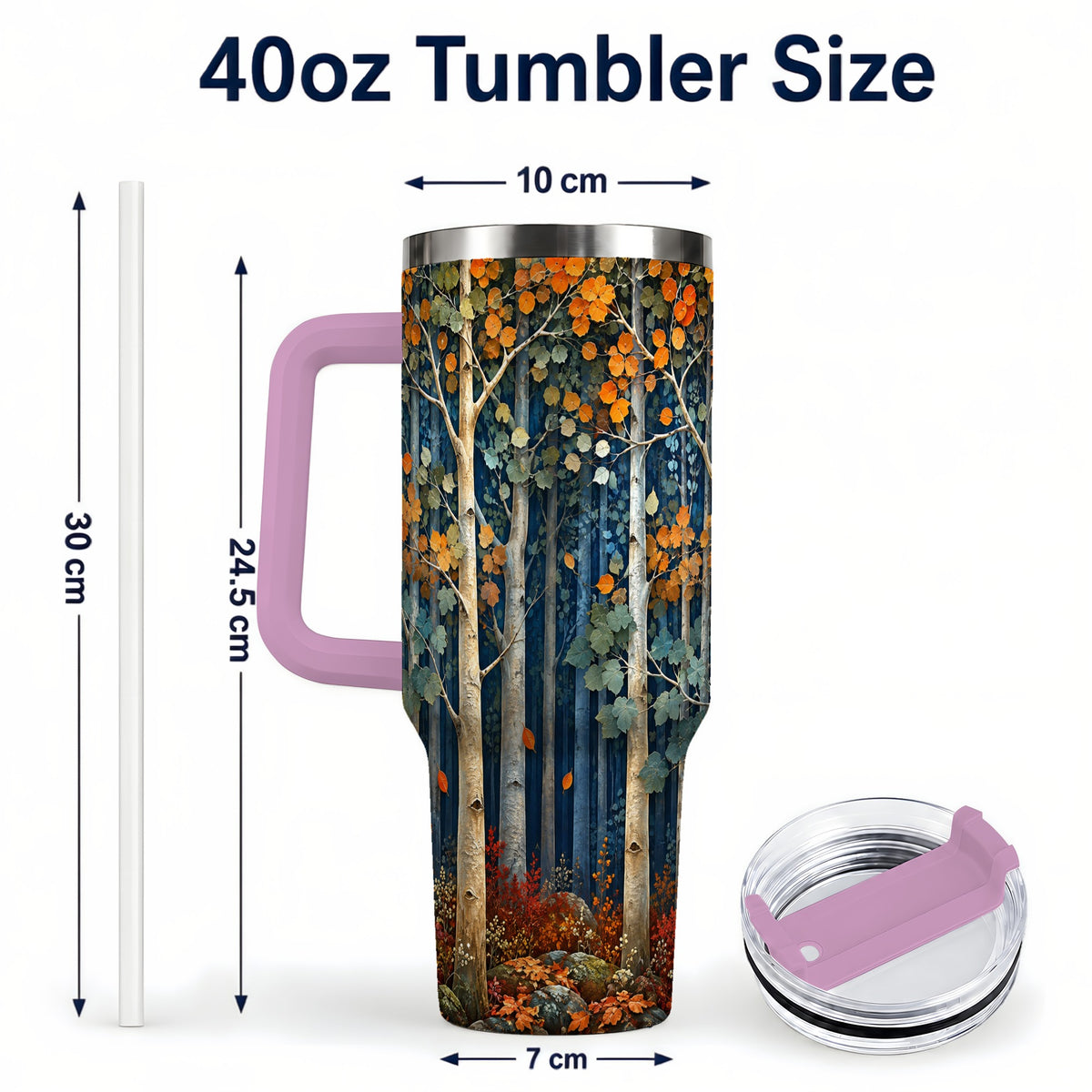 #pl[40oz|Pink] Painterly Birch Grove 40oz Tumbler with Handle, Autumn Travel Cup