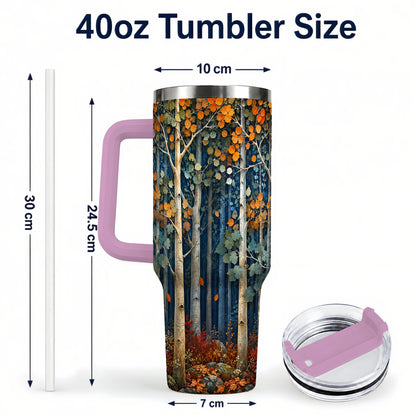 #pl[40oz|Pink] Painterly Birch Grove 40oz Tumbler with Handle, Autumn Travel Cup