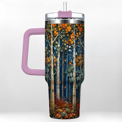 #pl[40oz|Pink] Painterly Birch Grove 40oz Tumbler with Handle, Autumn Travel Cup