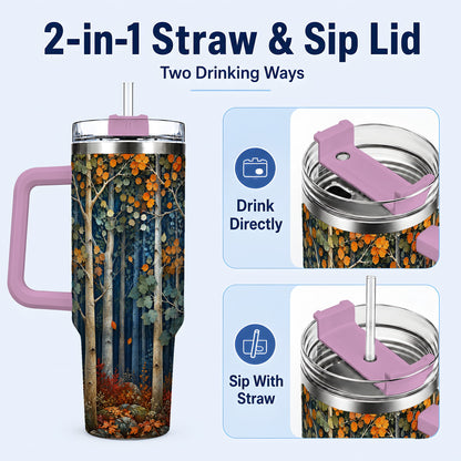 #pl[40oz|Pink] Painterly Birch Grove 40oz Tumbler with Handle, Autumn Travel Cup