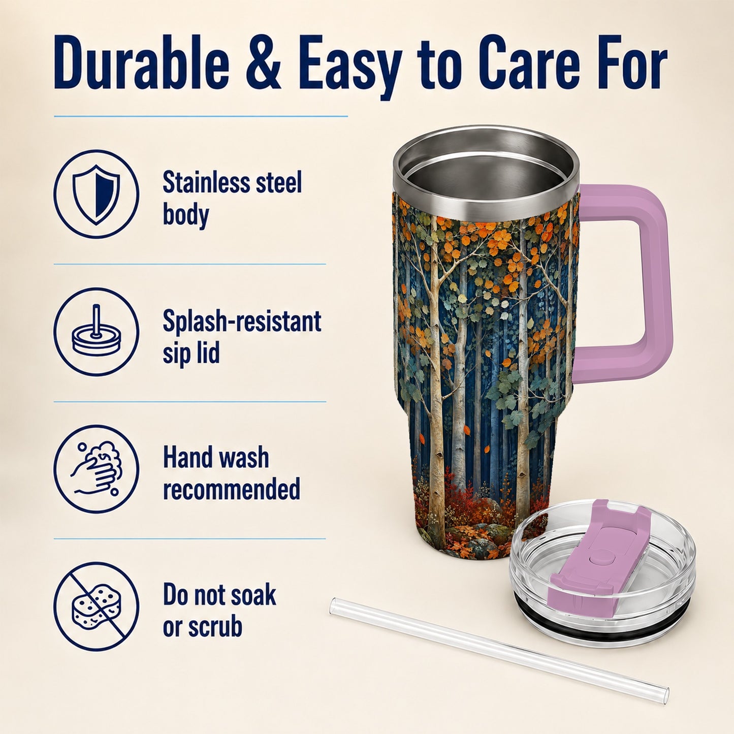 #pl[40oz|Pink] Painterly Birch Grove 40oz Tumbler with Handle, Autumn Travel Cup