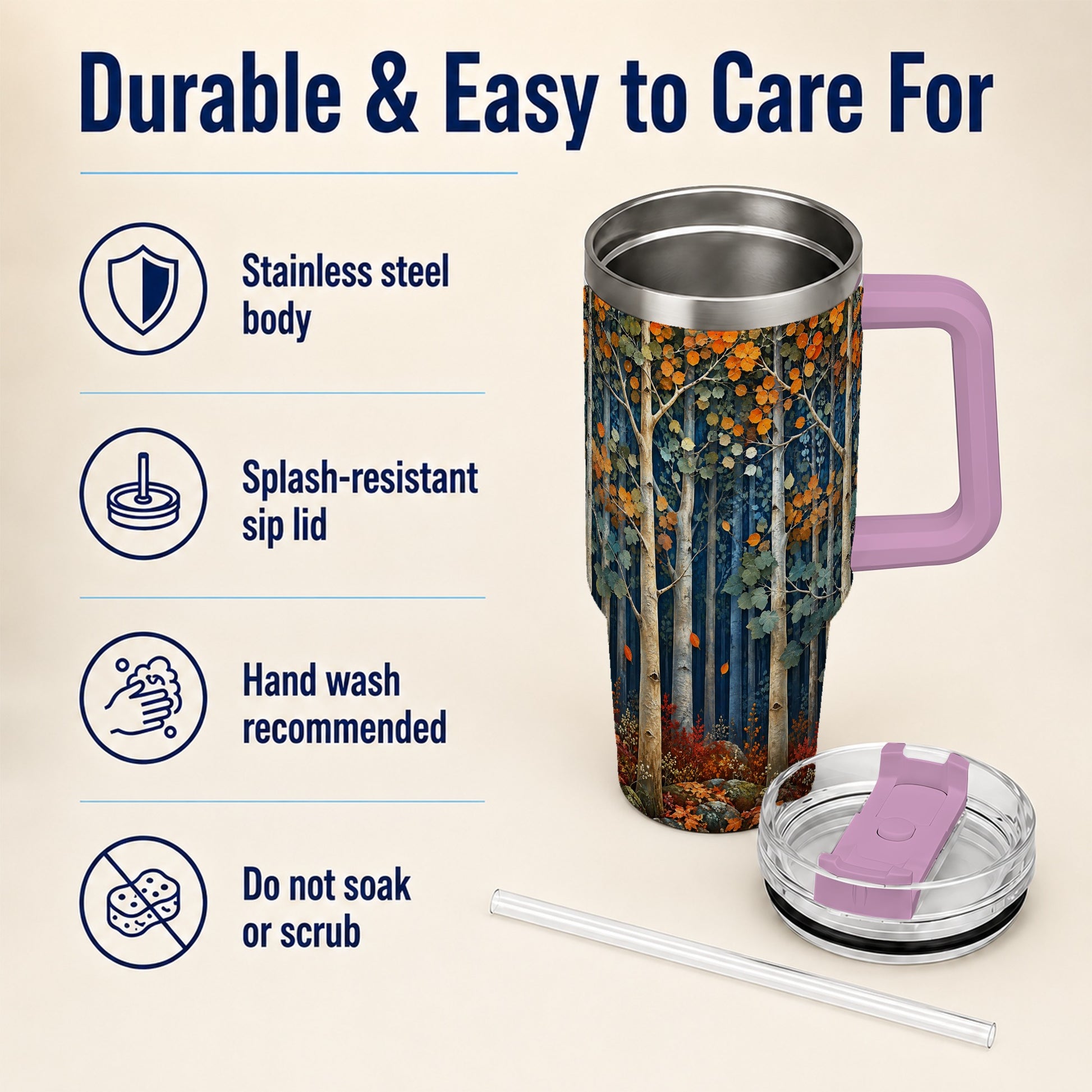 #pl[40oz|Pink] Painterly Birch Grove 40oz Tumbler with Handle, Autumn Travel Cup