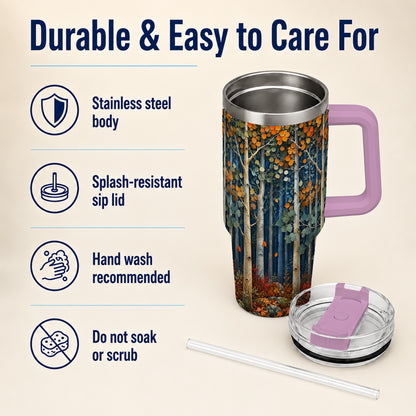 #pl[40oz|Pink] Painterly Birch Grove 40oz Tumbler with Handle, Autumn Travel Cup