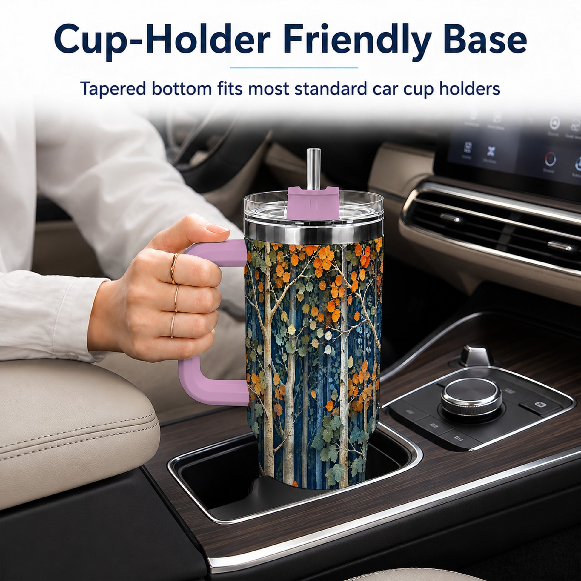 #pl[40oz|Pink] Painterly Birch Grove 40oz Tumbler with Handle, Autumn Travel Cup