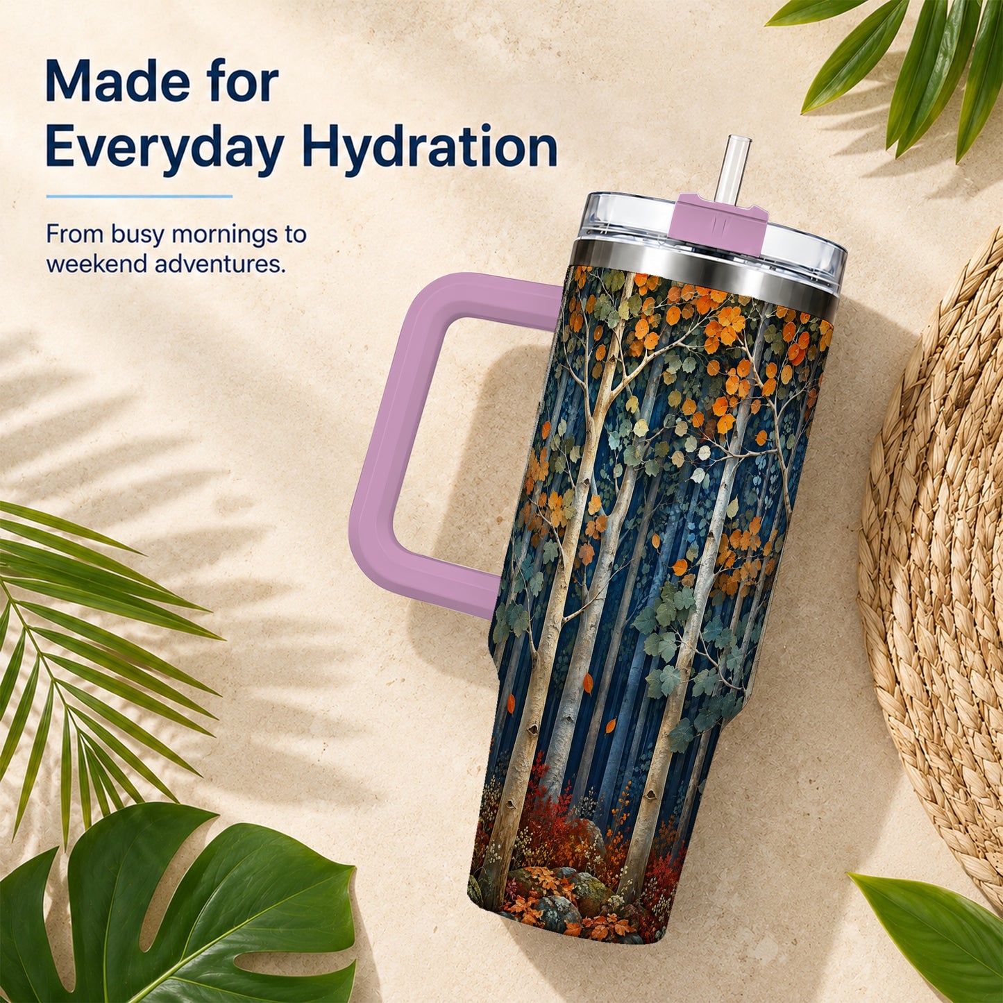 #pl[40oz|Pink] Painterly Birch Grove 40oz Tumbler with Handle, Autumn Travel Cup