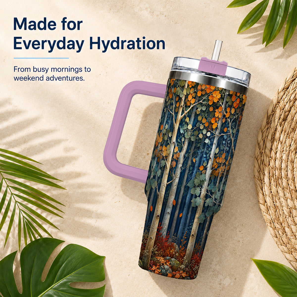 #pl[40oz|Pink] Painterly Birch Grove 40oz Tumbler with Handle, Autumn Travel Cup