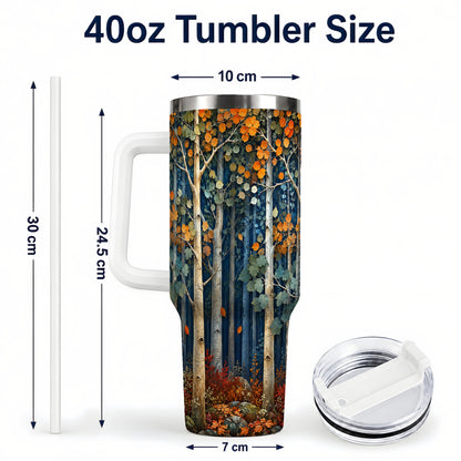 #pl[40oz|White] Painterly Birch Grove 40oz Tumbler with Handle, Autumn Travel Cup