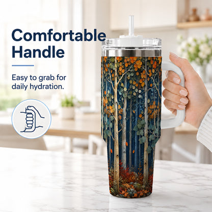 #pl[40oz|White] Painterly Birch Grove 40oz Tumbler with Handle, Autumn Travel Cup