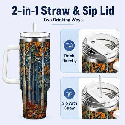 #pl[40oz|White] Painterly Birch Grove 40oz Tumbler with Handle, Autumn Travel Cup