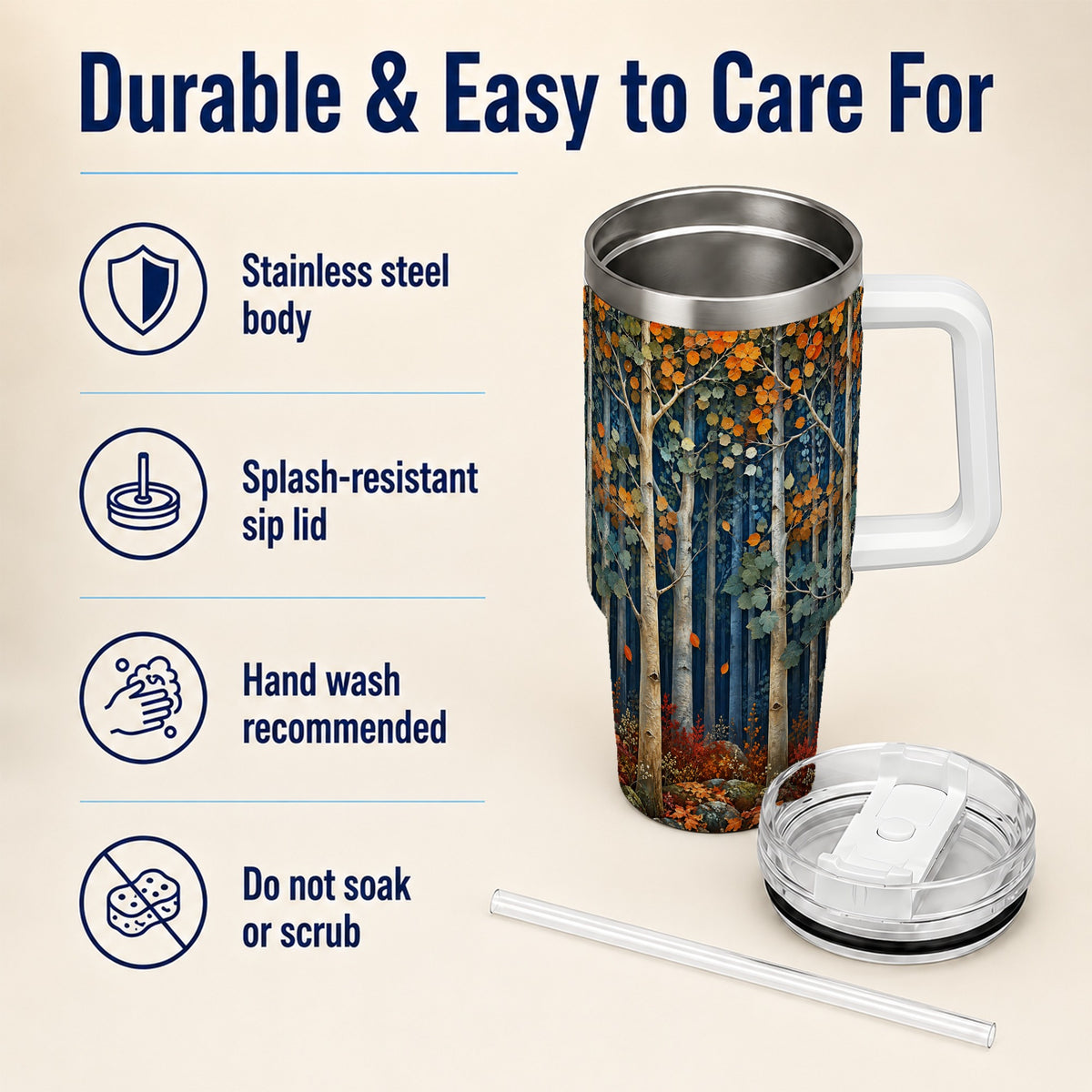 #pl[40oz|White] Painterly Birch Grove 40oz Tumbler with Handle, Autumn Travel Cup