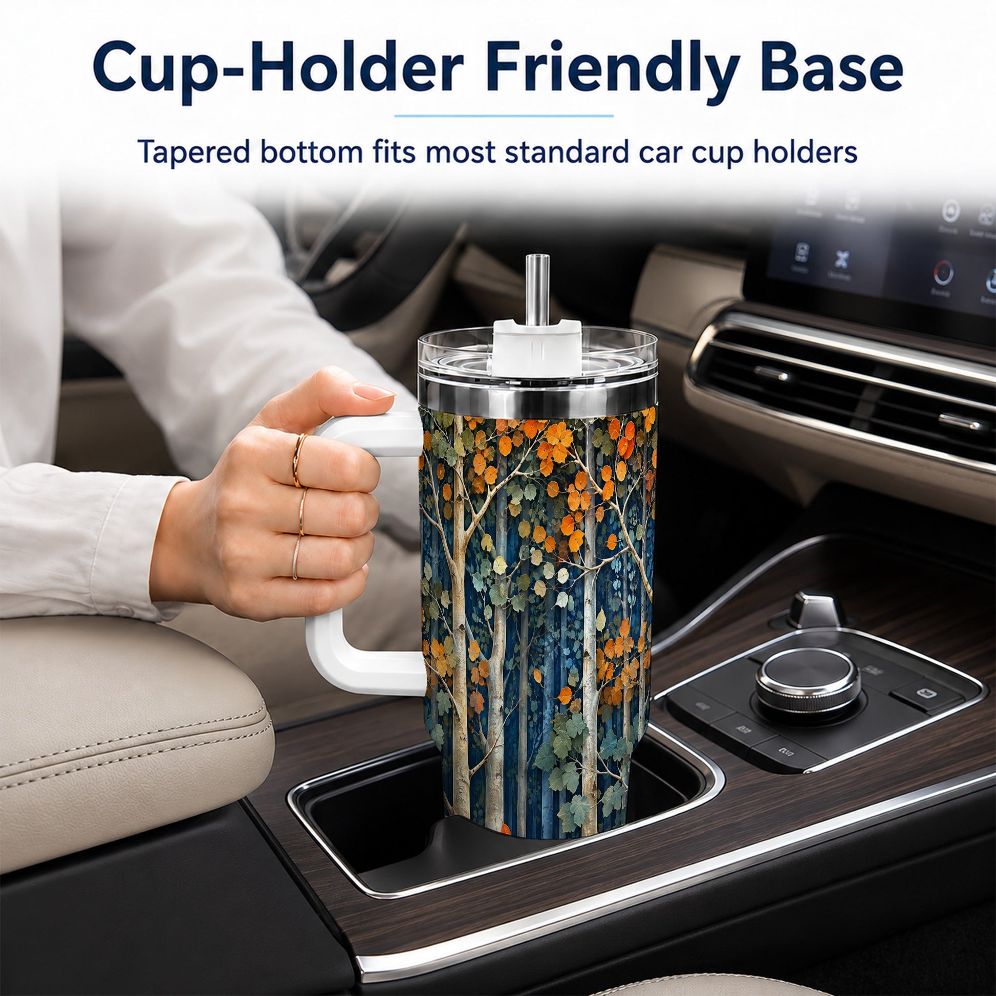 #pl[40oz|White] Painterly Birch Grove 40oz Tumbler with Handle, Autumn Travel Cup