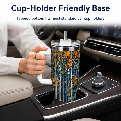 #pl[40oz|White] Painterly Birch Grove 40oz Tumbler with Handle, Autumn Travel Cup