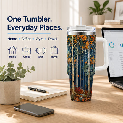 #pl[40oz|White] Painterly Birch Grove 40oz Tumbler with Handle, Autumn Travel Cup