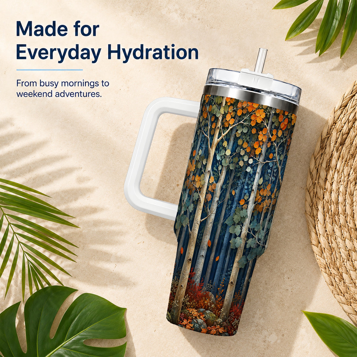 #pl[40oz|White] Painterly Birch Grove 40oz Tumbler with Handle, Autumn Travel Cup