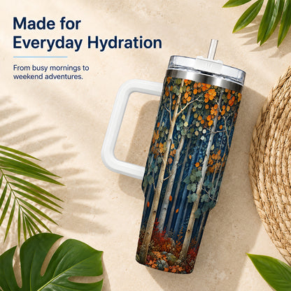 #pl[40oz|White] Painterly Birch Grove 40oz Tumbler with Handle, Autumn Travel Cup