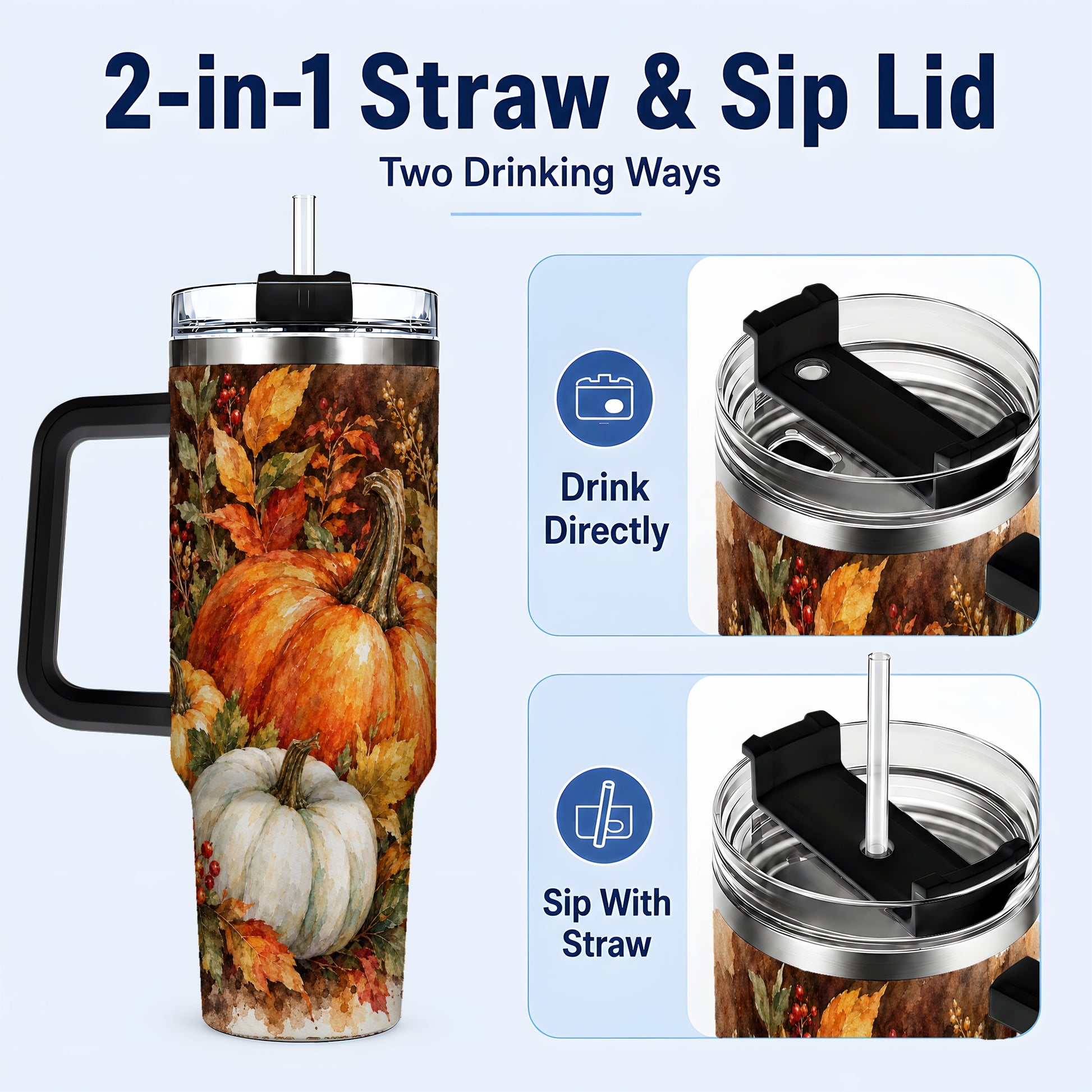 #pl[40oz|Black] Autumn Pumpkin Harvest 40oz Tumbler with Handle, Fall Travel Cup