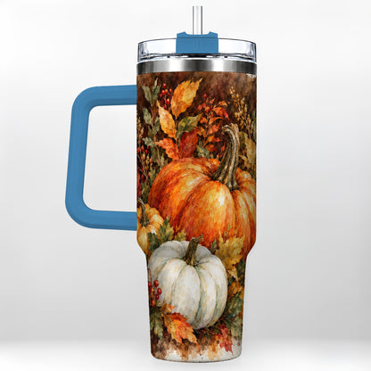 #pl[40oz|Blue] Autumn Pumpkin Harvest 40oz Tumbler with Handle, Fall Travel Cup
