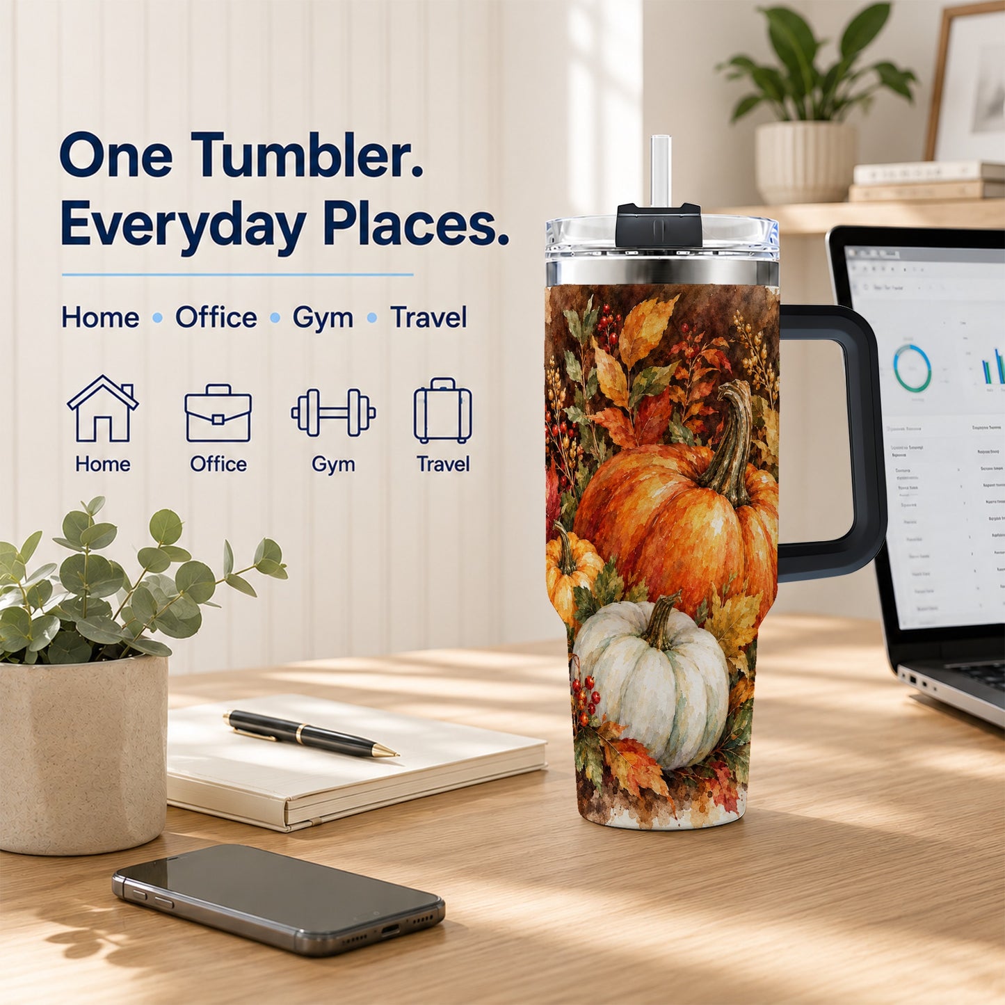 #pl[40oz|Black] Autumn Pumpkin Harvest 40oz Tumbler with Handle, Fall Travel Cup