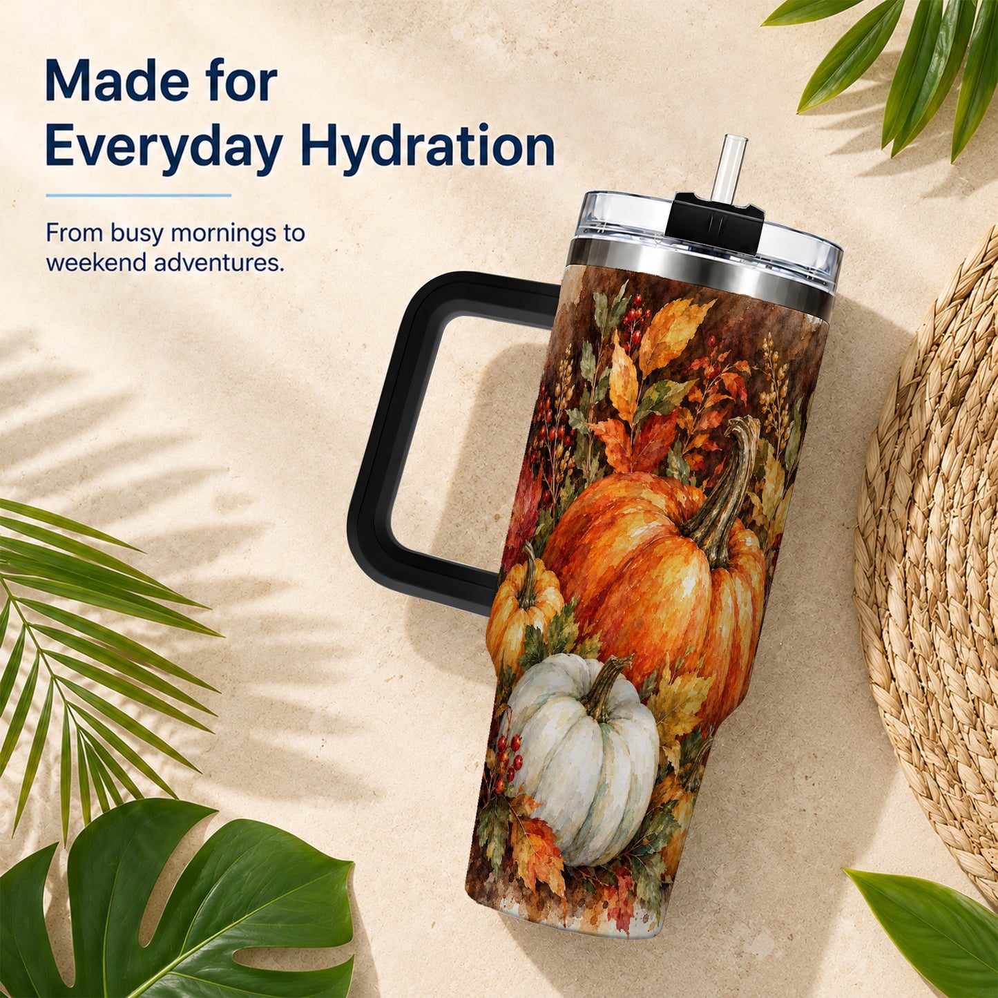 #pl[40oz|Black] Autumn Pumpkin Harvest 40oz Tumbler with Handle, Fall Travel Cup