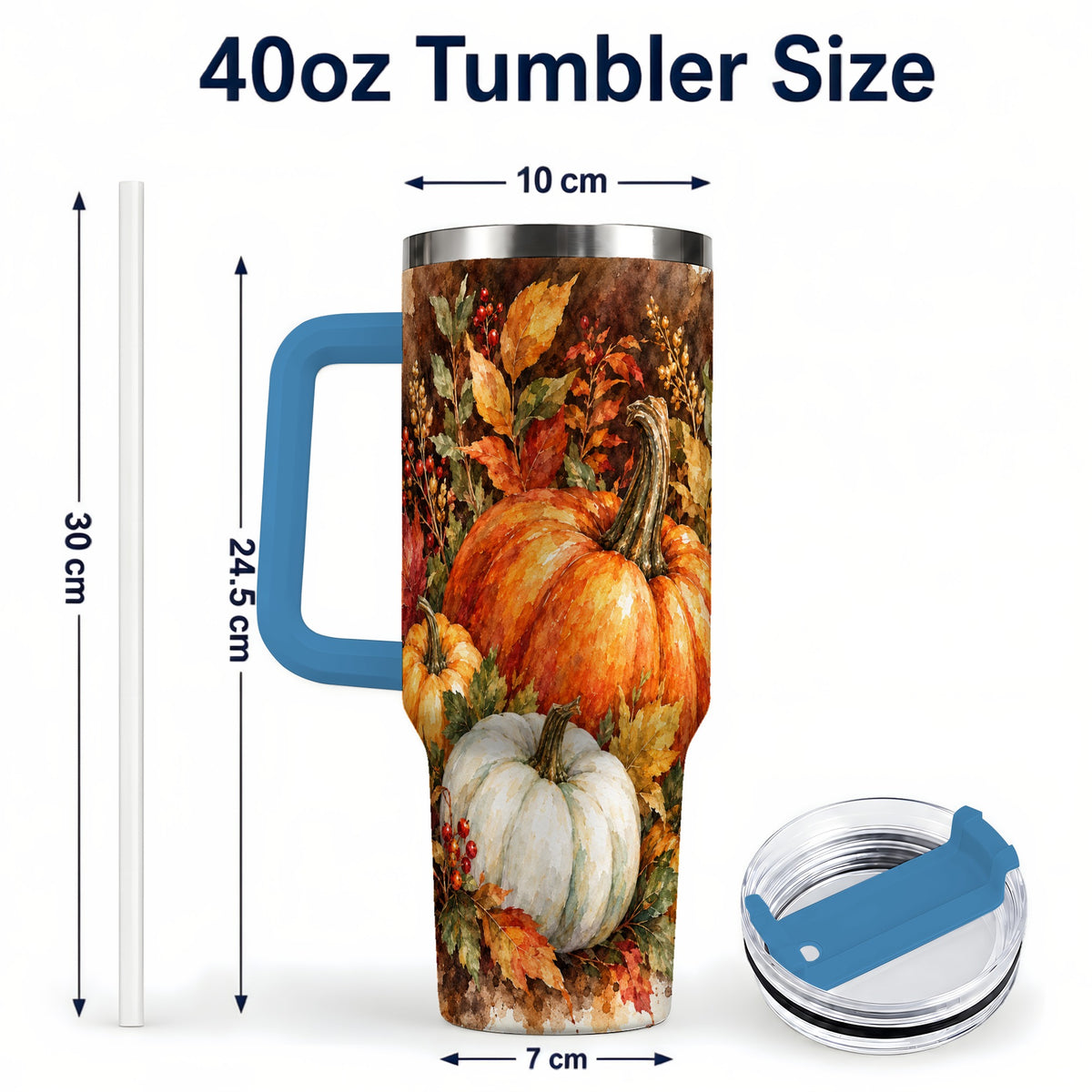 #pl[40oz|Blue] Autumn Pumpkin Harvest 40oz Tumbler with Handle, Fall Travel Cup