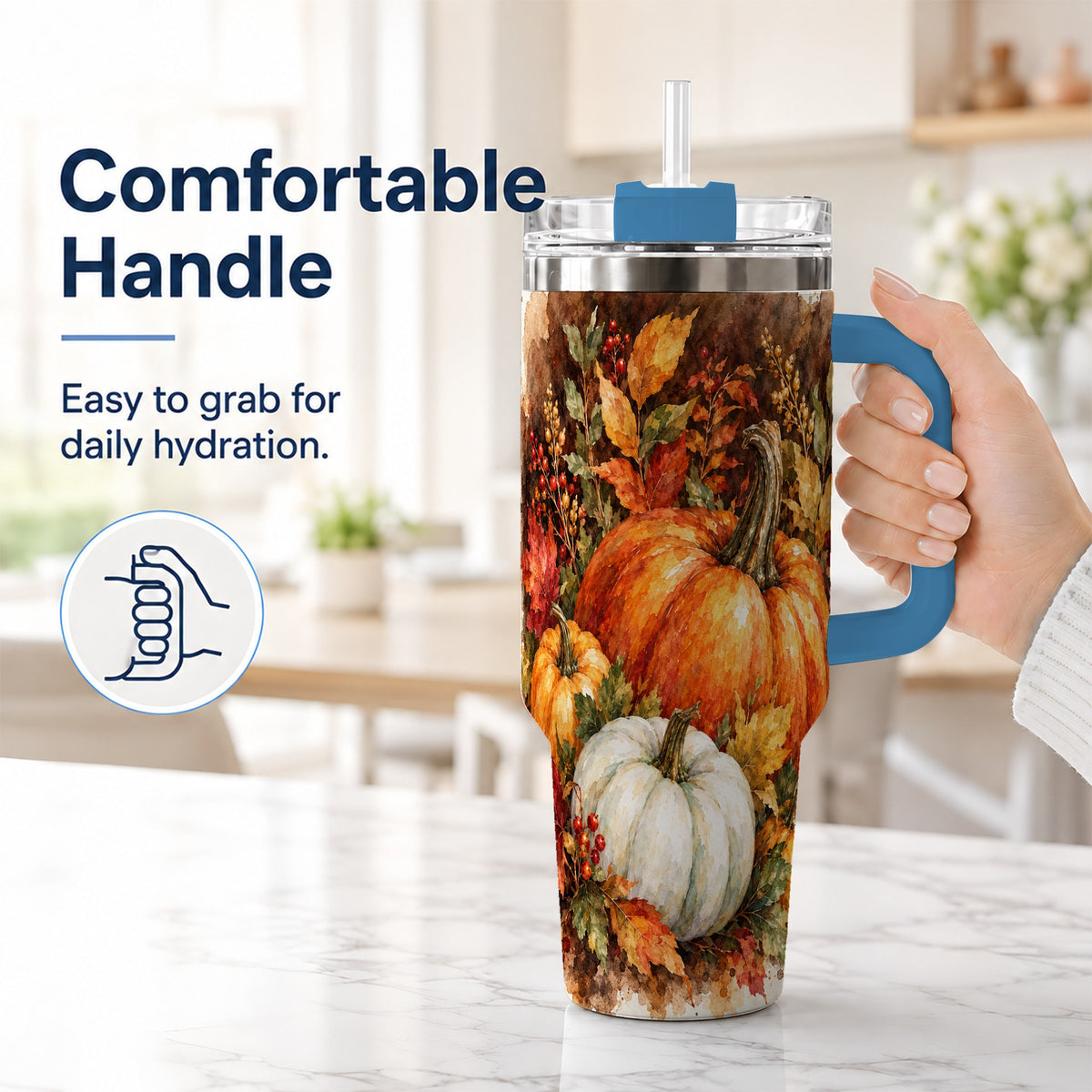 #pl[40oz|Blue] Autumn Pumpkin Harvest 40oz Tumbler with Handle, Fall Travel Cup