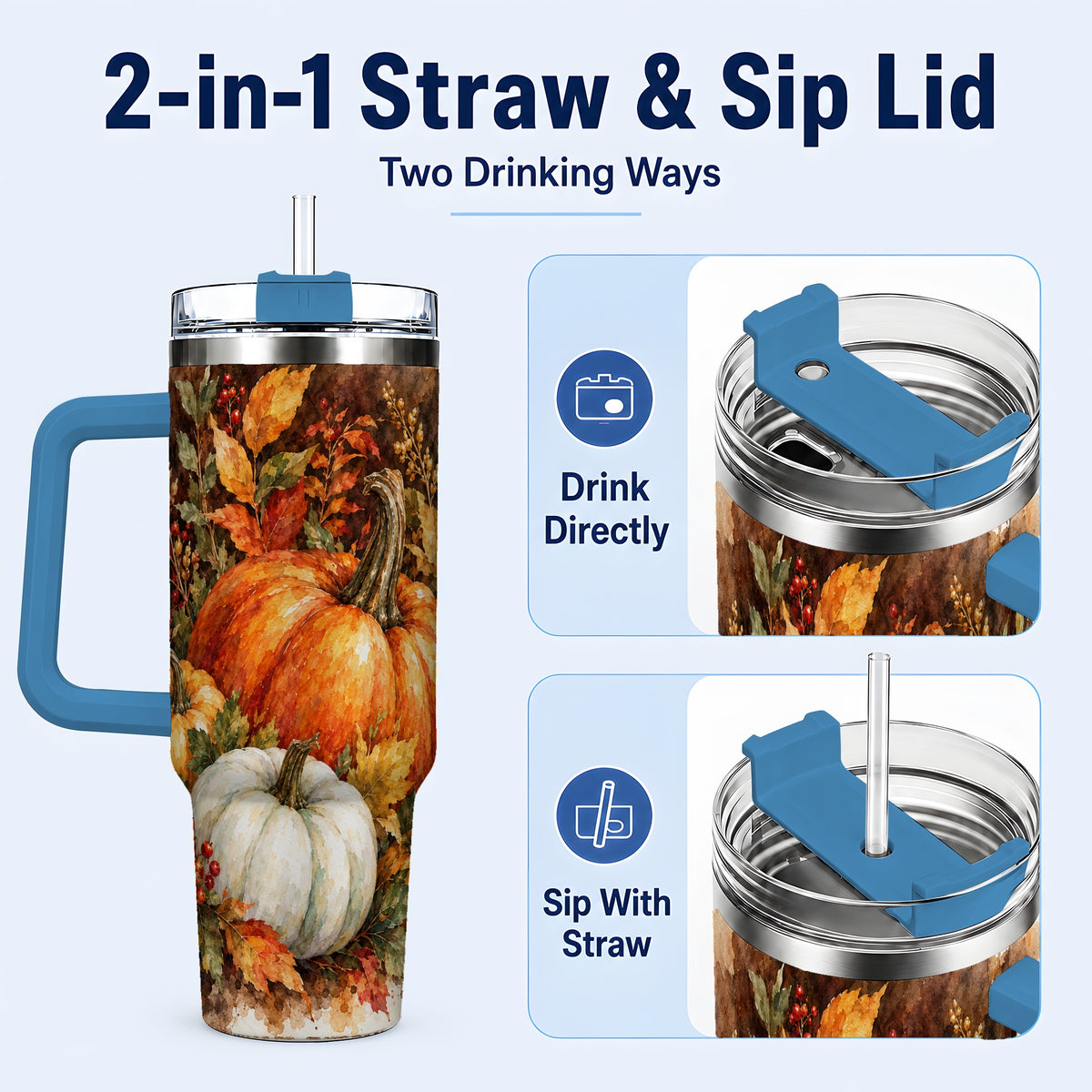 #pl[40oz|Blue] Autumn Pumpkin Harvest 40oz Tumbler with Handle, Fall Travel Cup
