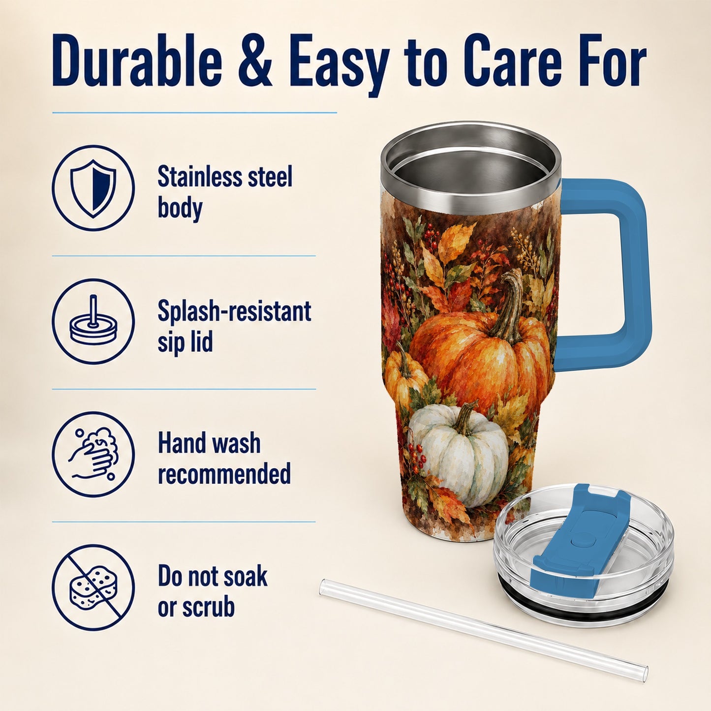 #pl[40oz|Blue] Autumn Pumpkin Harvest 40oz Tumbler with Handle, Fall Travel Cup
