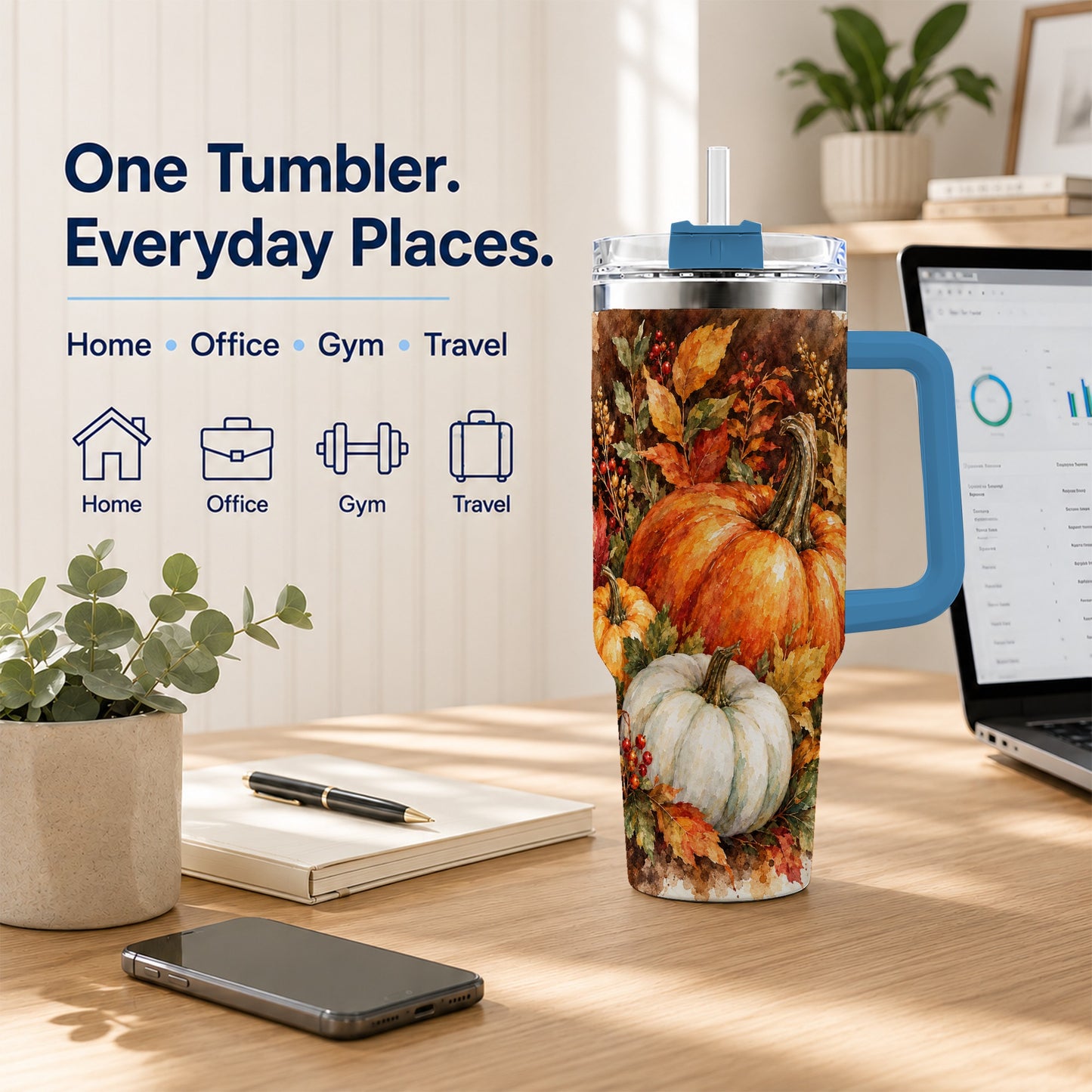 #pl[40oz|Blue] Autumn Pumpkin Harvest 40oz Tumbler with Handle, Fall Travel Cup