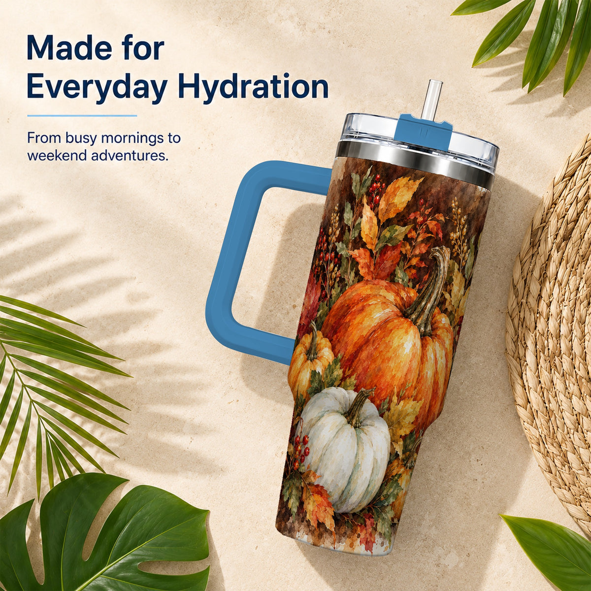 #pl[40oz|Blue] Autumn Pumpkin Harvest 40oz Tumbler with Handle, Fall Travel Cup