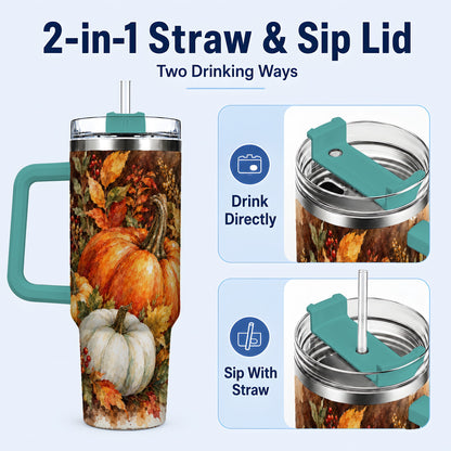 #pl[40oz|Green] Autumn Pumpkin Harvest 40oz Tumbler with Handle, Fall Travel Cup