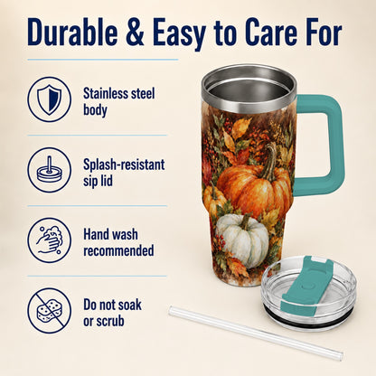 #pl[40oz|Green] Autumn Pumpkin Harvest 40oz Tumbler with Handle, Fall Travel Cup