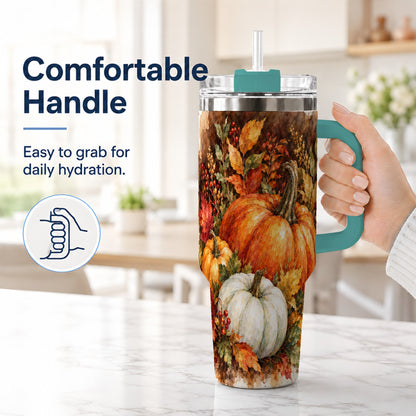 #pl[40oz|Green] Autumn Pumpkin Harvest 40oz Tumbler with Handle, Fall Travel Cup