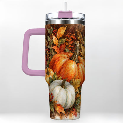#pl[40oz|Pink] Autumn Pumpkin Harvest 40oz Tumbler with Handle, Fall Travel Cup