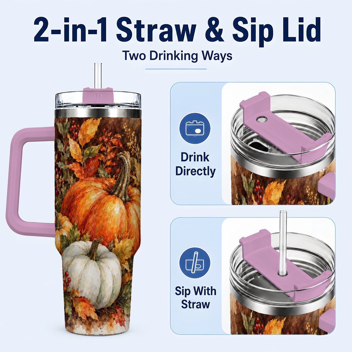 #pl[40oz|Pink] Autumn Pumpkin Harvest 40oz Tumbler with Handle, Fall Travel Cup