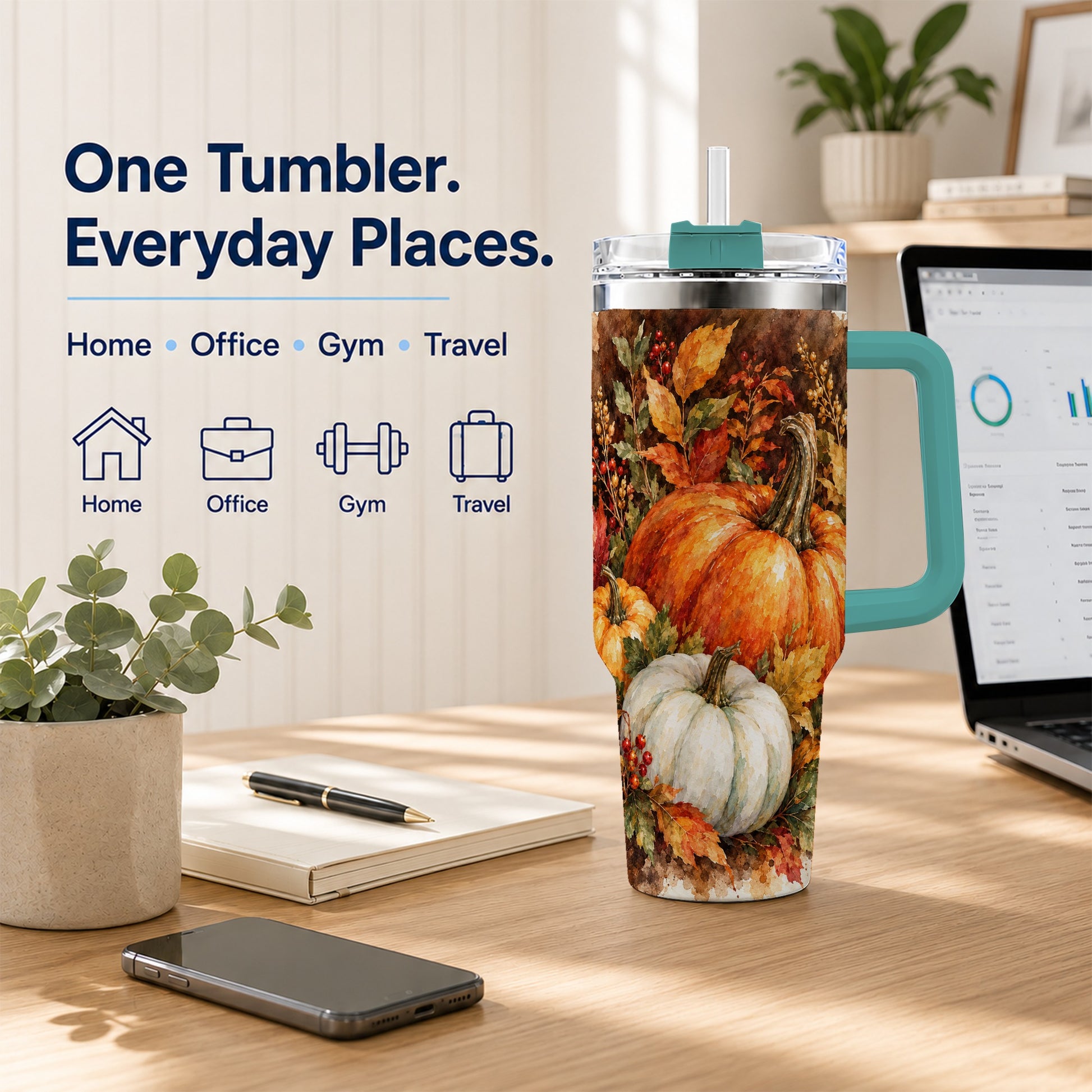 #pl[40oz|Green] Autumn Pumpkin Harvest 40oz Tumbler with Handle, Fall Travel Cup