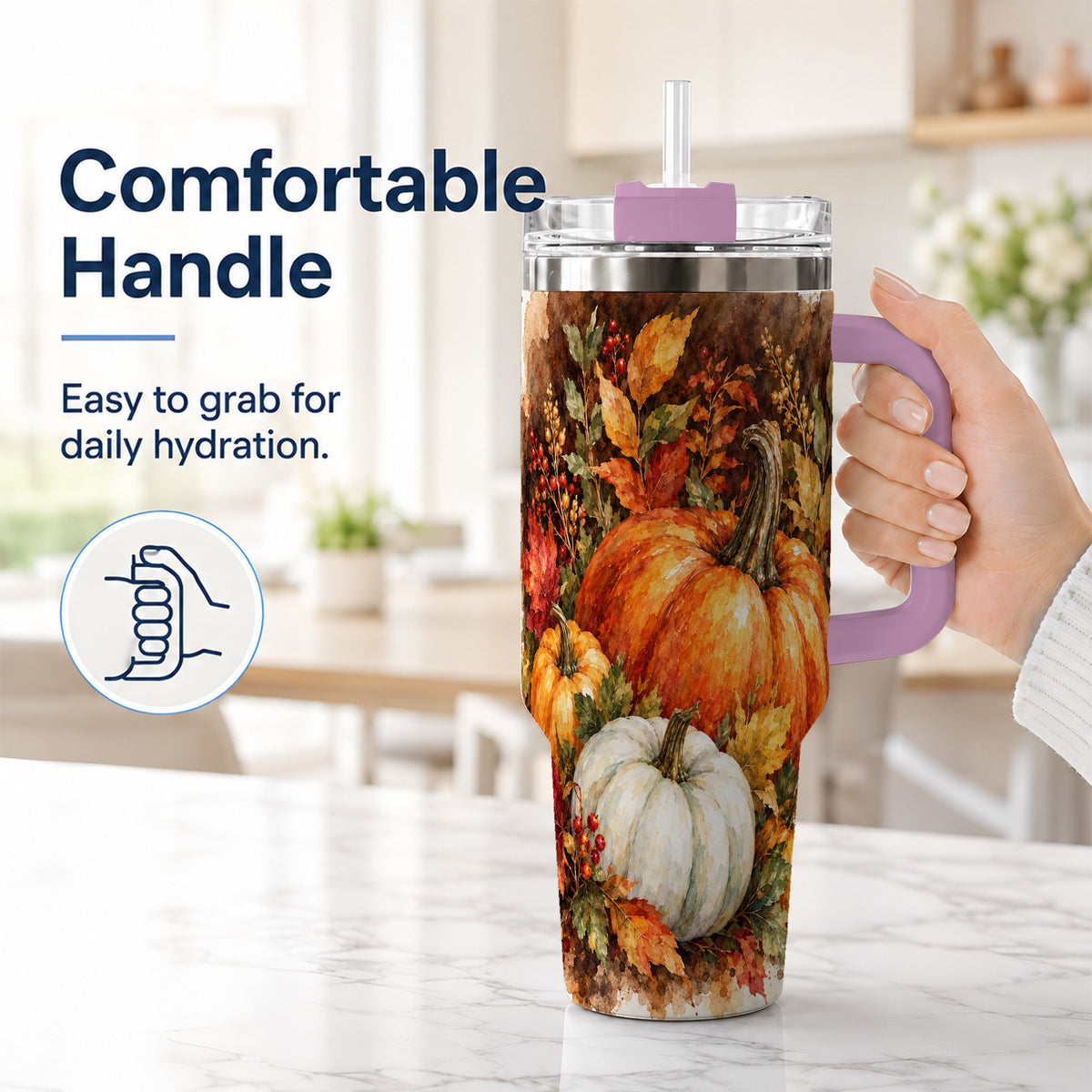 #pl[40oz|Pink] Autumn Pumpkin Harvest 40oz Tumbler with Handle, Fall Travel Cup