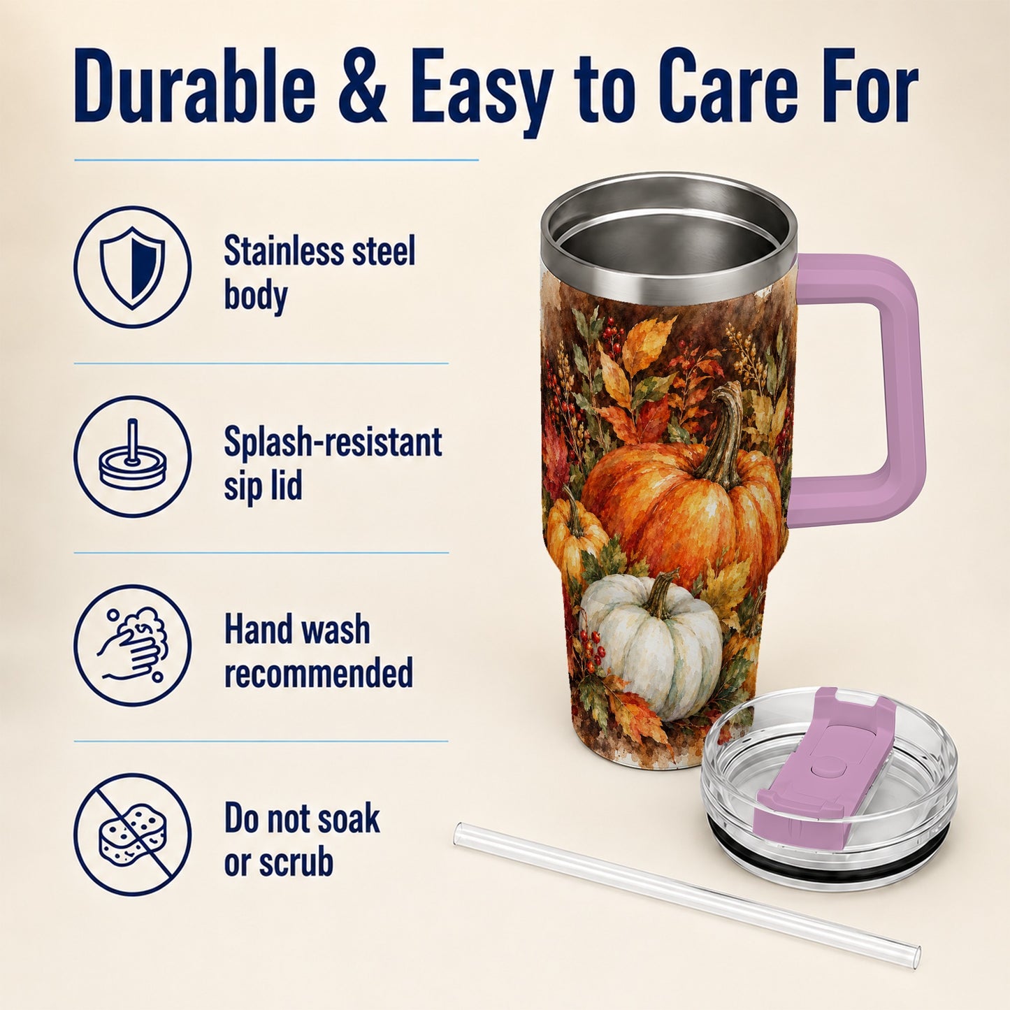 #pl[40oz|Pink] Autumn Pumpkin Harvest 40oz Tumbler with Handle, Fall Travel Cup